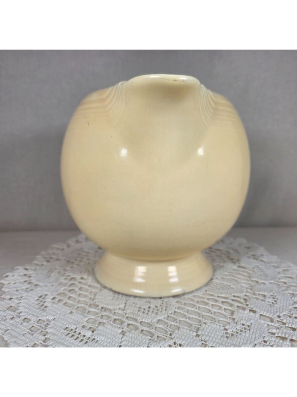 Vintage Fiesta Ivory Ice Lip Pitcher 9 1/2" Wide 7" Tall With Minor Chips On Bas - Picture 2 of 8